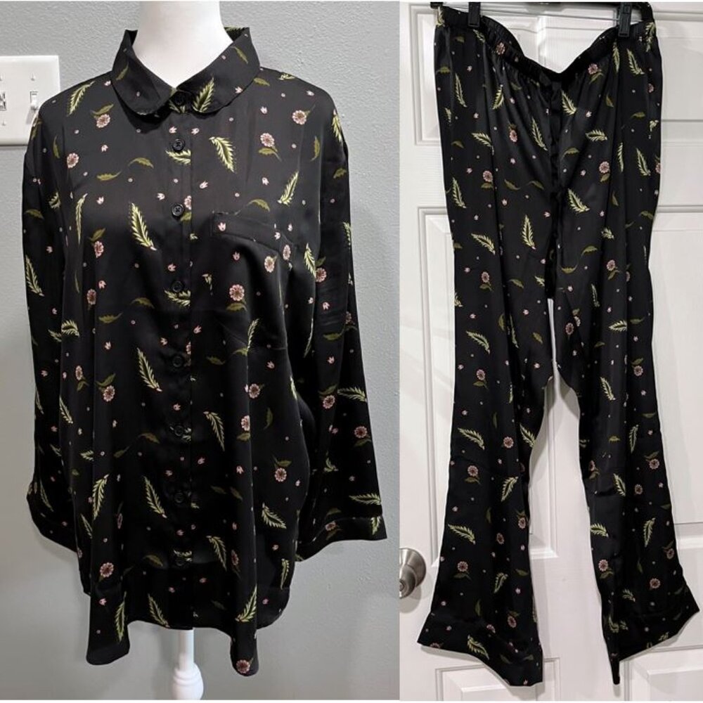 ANN TAYLOR FACTORY SLEEP Pajama Women Black Floral Pajama Top (XL) & Pant (L)